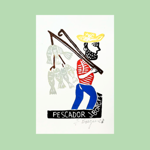 Xilogravura assinada por J. Borges: Pescador (P)